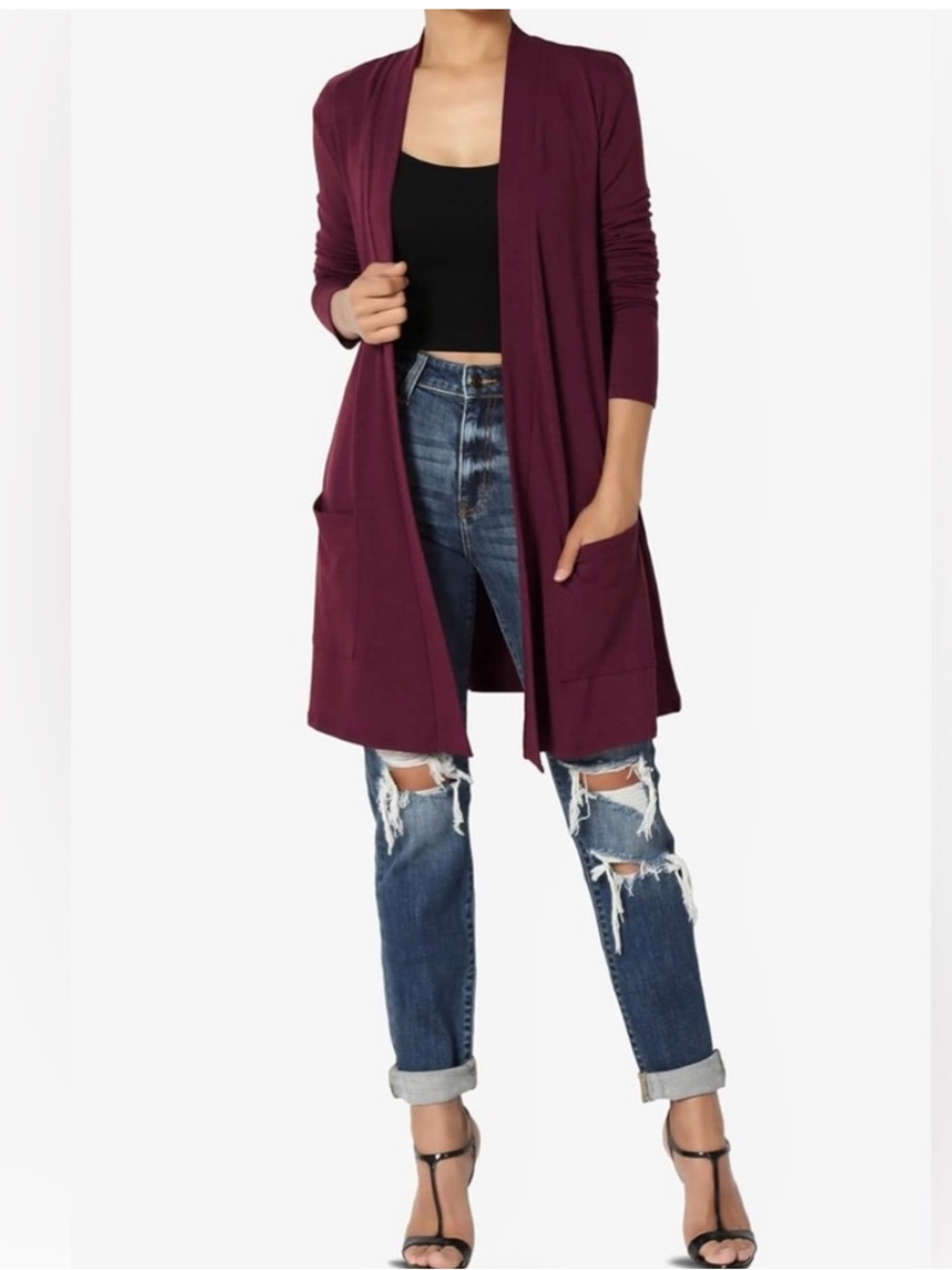 🟠NWT ZENANA Slouchy Pocket Long Sleeve Cardigan in Dark Burgundy